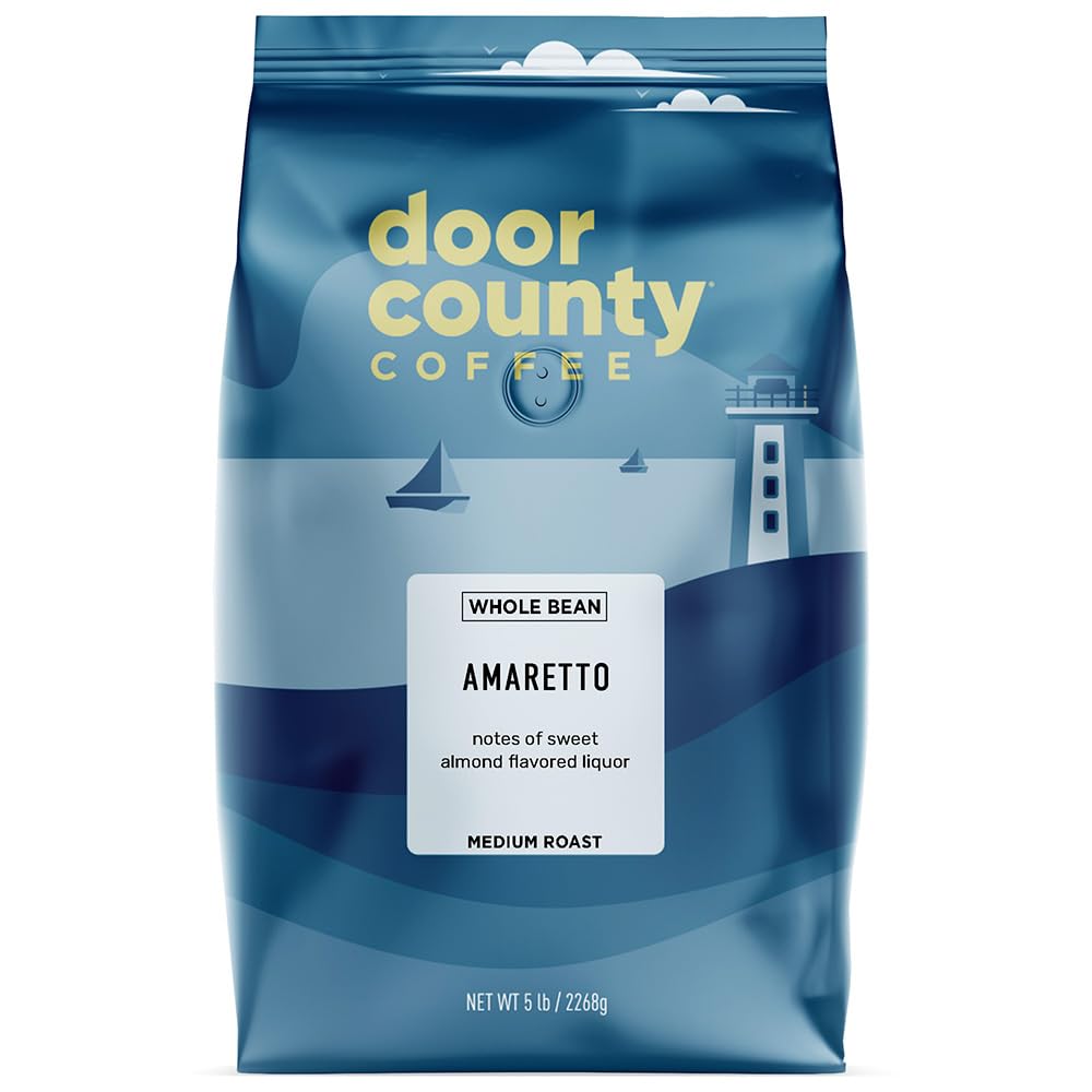 Door County Coffee Amaretto Flavored Whole Bean Coffee - Medium Roast - 5lb Bag - 100% Specialty Arabica