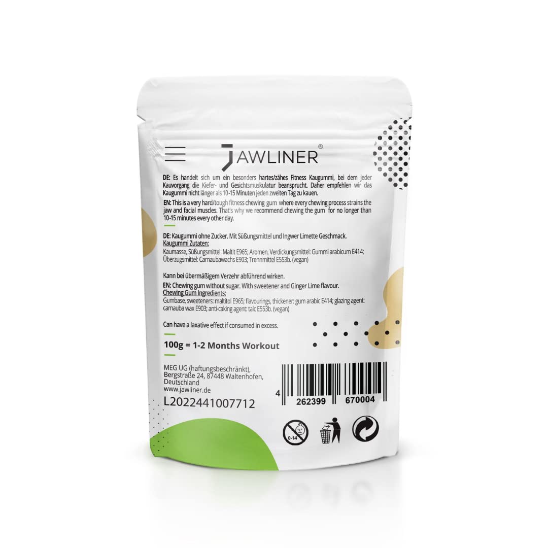 Jawliner® - Pioneers The Toughest Handmade 15X Harder Jawline Gum Includes 12 Weeks Coaching - Sugar-Free Ginger Lime Hard Gum - Jawline Exerciser For Mewing - Chewing Gum Shaping Jaw (2 Months Pack)