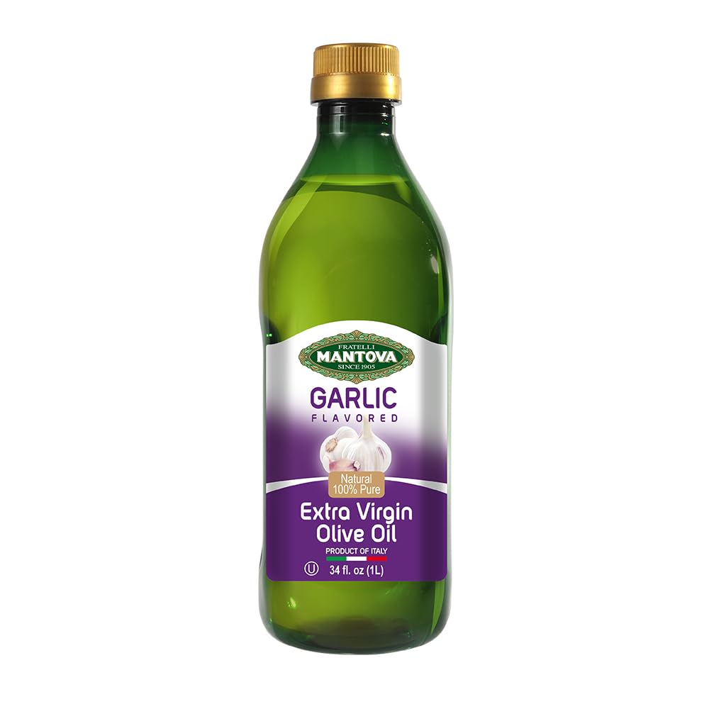 Mantova Garlic Extra Virgin Olive Oil (EVOO), Cold-Pressed, Imported from Italy. Topping for salad, vegetables, pasta salad. Per