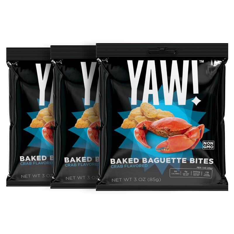 YAW! Baked Baguette Bites, Crab Flavored, Non-GMO, 3 Pack (9oz), Crunchy Snack