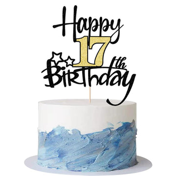 Kaoenla Black Gold Glitter Happy 17th Birthday Cake Topper - Hello 17/Cheers17,Happy seventeen Birthday Anniversary,17 years old