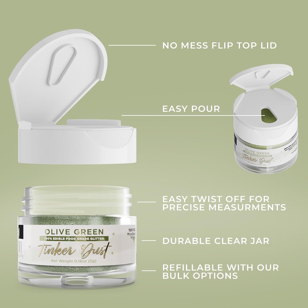 Bakell - Olive Green Tinker Dust (5G, 1X Jar) Edible Glitter For Food, Desserts, And Beverages!