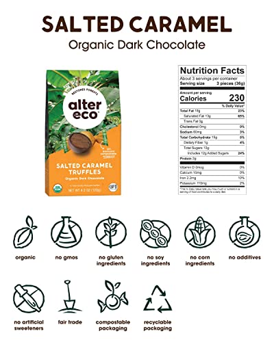 Alter Eco | Dark Chocolate Truffles | Pure Dark Cocoa, Organic Dark Chocolate Truffles, 10 Truffle Bag (Salted Caramel)