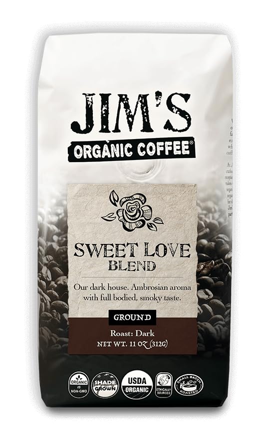 Jims Organic Coffee Sweet Love Blend Ground Dark Roast 11 oz Bag Certified Organic Ethically Traded Shade Grown Coffee