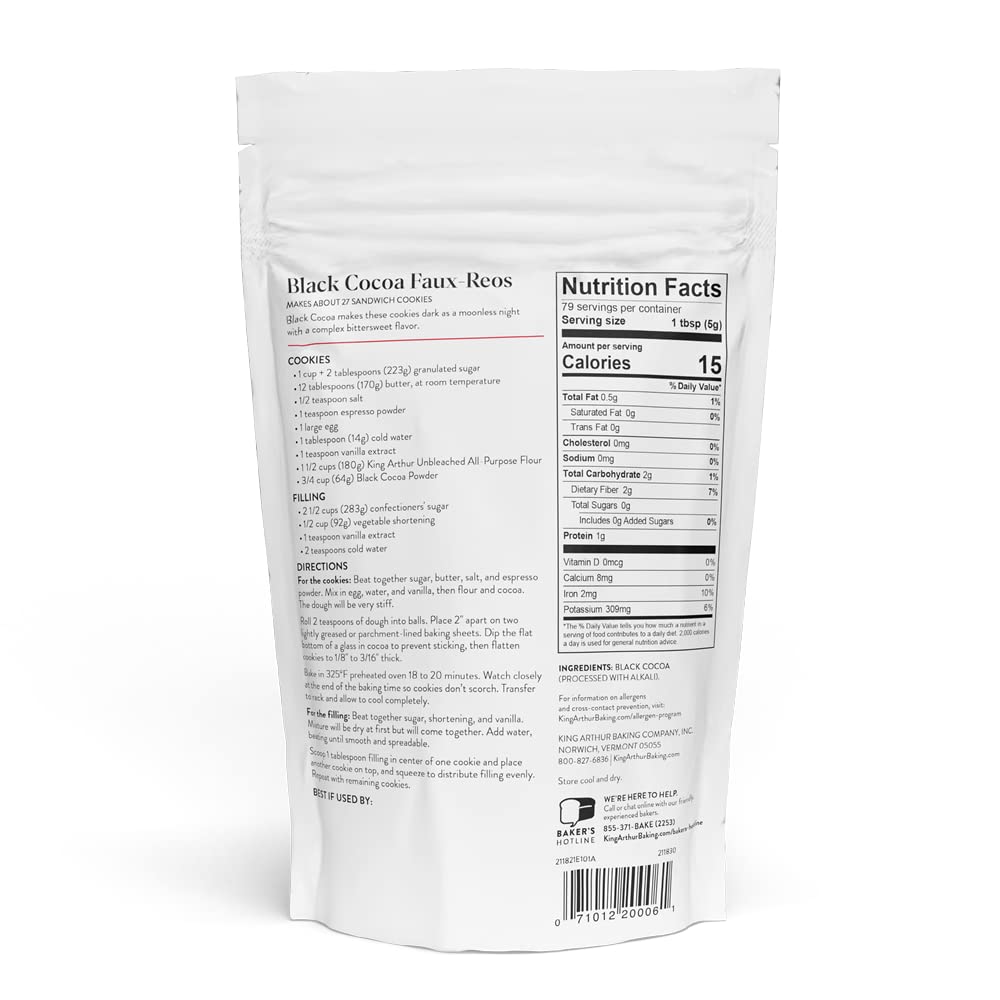 King Arthur Black Cocoa Powder - Dutch Processed, Unsweetened, Intense Dark Chocolate Flavor, 14 oz Resealable Bag for Baking, Brown