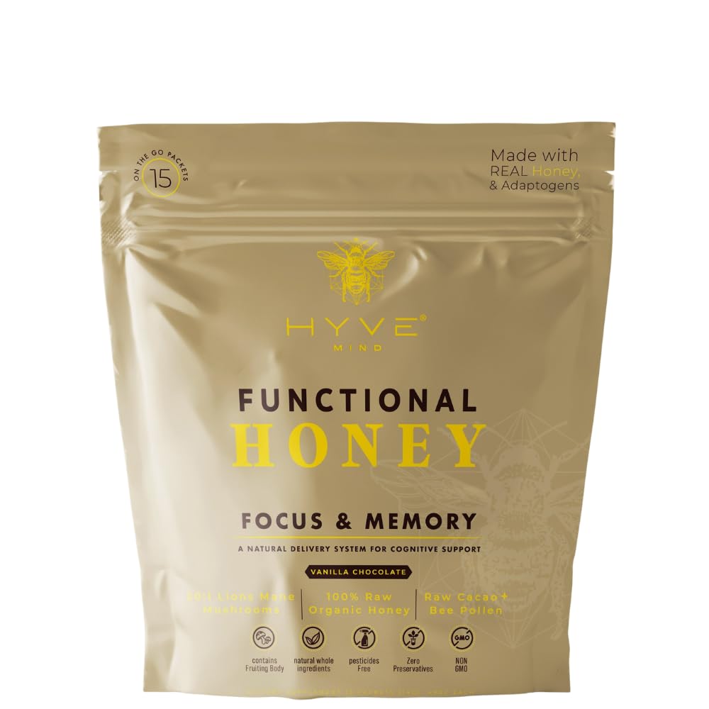 HYVE Mind Functional Honey - Focus & Memory Organic Honey with Lions Mane Mushrooms, Raw Cacao, Bee Pollen & L-Theanine - Cogni