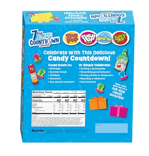 Bazooka Brands 7 Day Christmas Candy Countdown Calendar, Advent Calendar with Full-Size Hard Candy Lollipops, Ring Pop, Push Pop