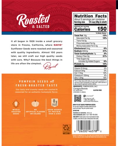 DAVID Seeds Salted and Roasted Pumpkin Seeds, Keto Friendly Snack, 5 OZ Bags, 12 Pack