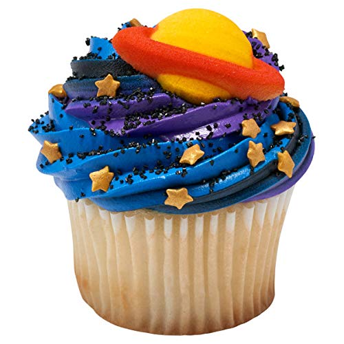 Space And Planets - Earth, Mars, Saturn, Moon And Rocket Edible Sugar Cake Toppers, 12 Count