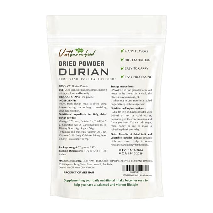 Durian Powder 2.47 Oz (70G) Vietfarmfood: Freeze-Dried Extracted From 100% Pure, Sugar-Free. Used To Mix Mixed Drinks Fresh Frui