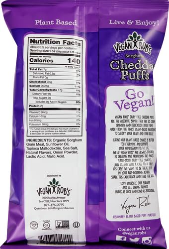 Vegan Robs Dairy Free Cheddar Puffs, 3.5 oz, Vegan Snack, Gluten Free, Plant-Based, Dairy-Free