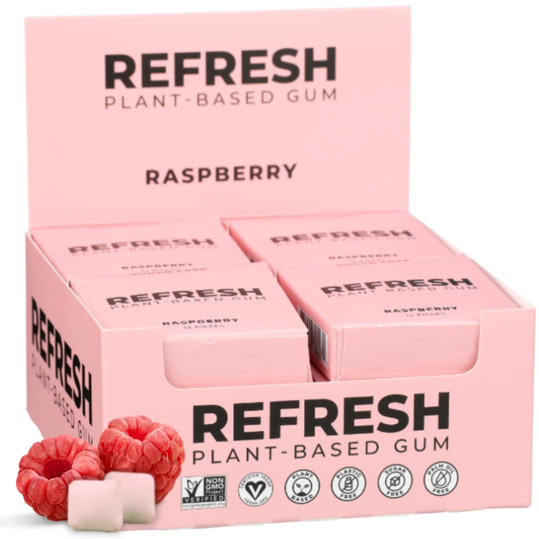 Refresh Gum Sugar Free Chewing Gum, Natural Flavors, Raspberry, 12 Count, Vegan, Non-GMO, Gluten-Free, Plant-Based