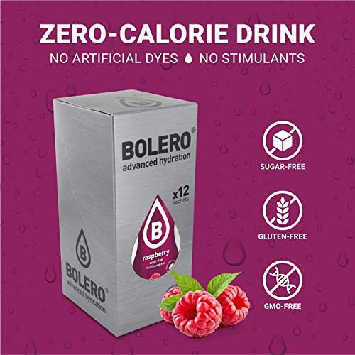 Bolero- Sugar Free Drink Mix Packets Raspberry Fruit Flavors | Powdered Flavored Water Packets | 12 Large Sachet On The Go Packe