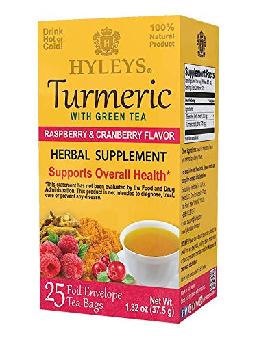 Hyleys Turmeric With Green Tea Raspberry & Cranberry - 25 Tea Bags (Gmo Free, Gluten Free, Dairy Free, Sugar Free & 100% Natural)