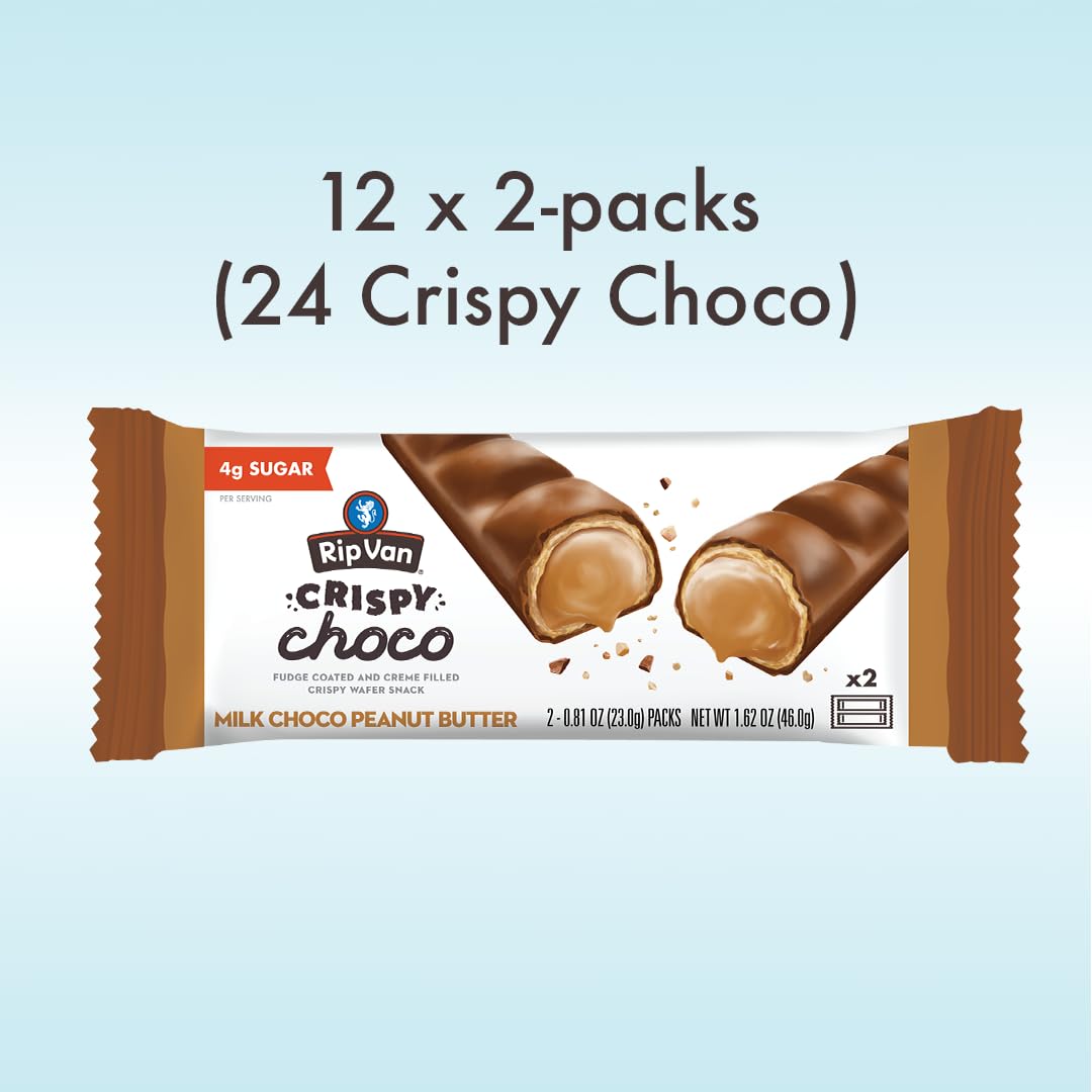 Rip Van Crispy Choco - Chocolate Coated Peanut Butter Wafer Bars - Low Sugar Fudge and Peanut Butter Cream Filled Snack - 12 Pac