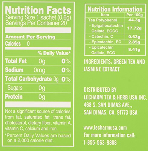 Lecharm Tea To Go Jasmine Green Tea Extract, Natural Tea Crystal Powder, Ready Brew, Iced Or Hot Tea In 3 Seconds - 20 Count (Si