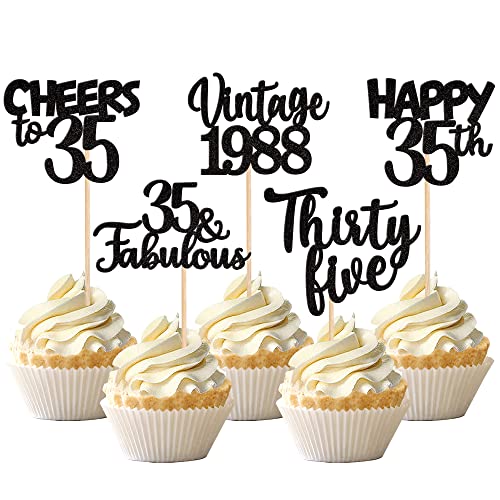30Pcs Happy 35Th Birthday Cupcake Toppers Glitter Thirty Five Vintage 1988 Cupcake Picks 35 Fabulous Cheers To 35 Years Cake Dec