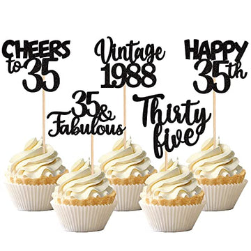 30Pcs Happy 35Th Birthday Cupcake Toppers Glitter Thirty Five Vintage 1988 Cupcake Picks 35 Fabulous Cheers To 35 Years Cake Dec
