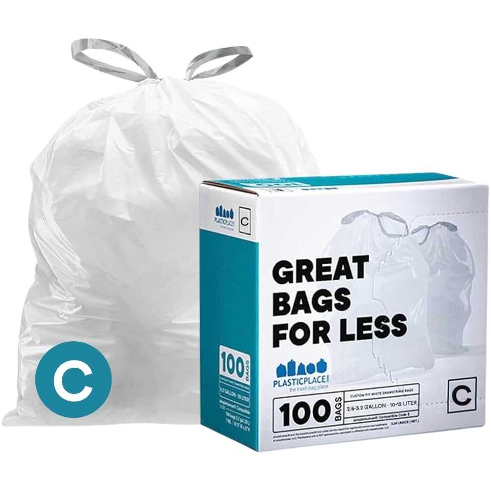 Plasticplace Simplehuman (X) Code C Compatible White Drawstring Garbage Liners 2.6-3.2 Gallon / 10-12 Liter, 100 Count
