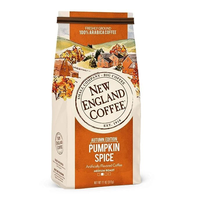 New England Coffee Pumpkin Spice Medium Roast Ground Coffee, 11oz Bag, Pack of 3