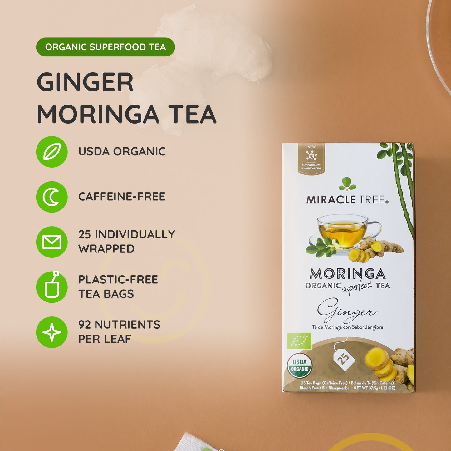 Organic Moringa Tea - Ginger - Caffeine-Free Herbal Tea