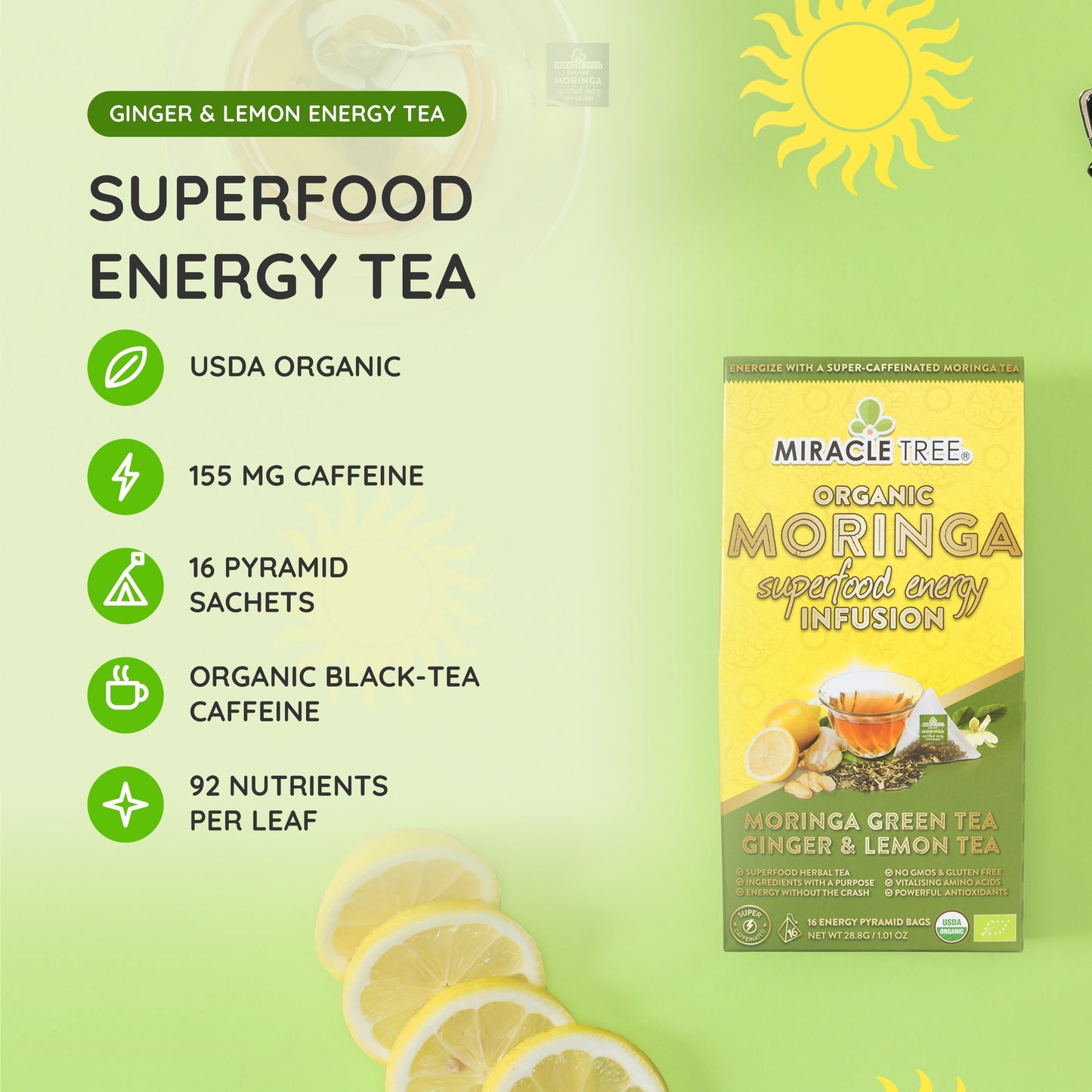 Organic Moringa Energy Tea - Ginger Lemon - Natural Coffee Alternative