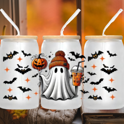Cute Ghost Halloween 16oz Glass Tumbler – Lid & Straw, Spooky Season Gift