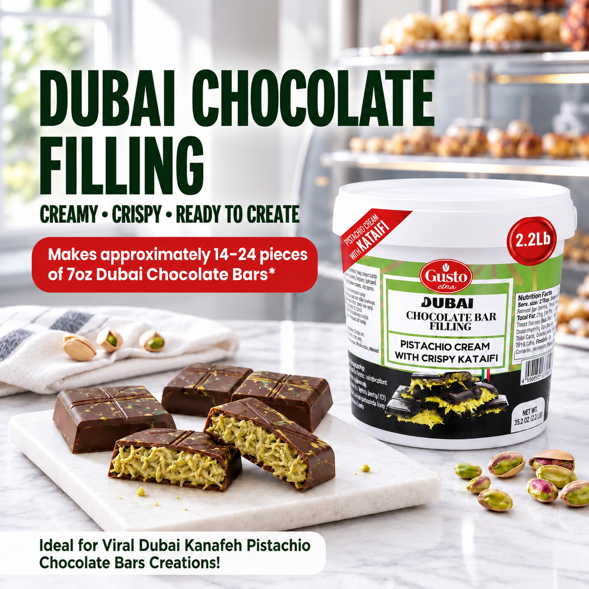 Gusto Etna Dubai Chocolate Pistachio Filling with Kataifi – 30% Pistachio – 1 kg (2.2 lb)