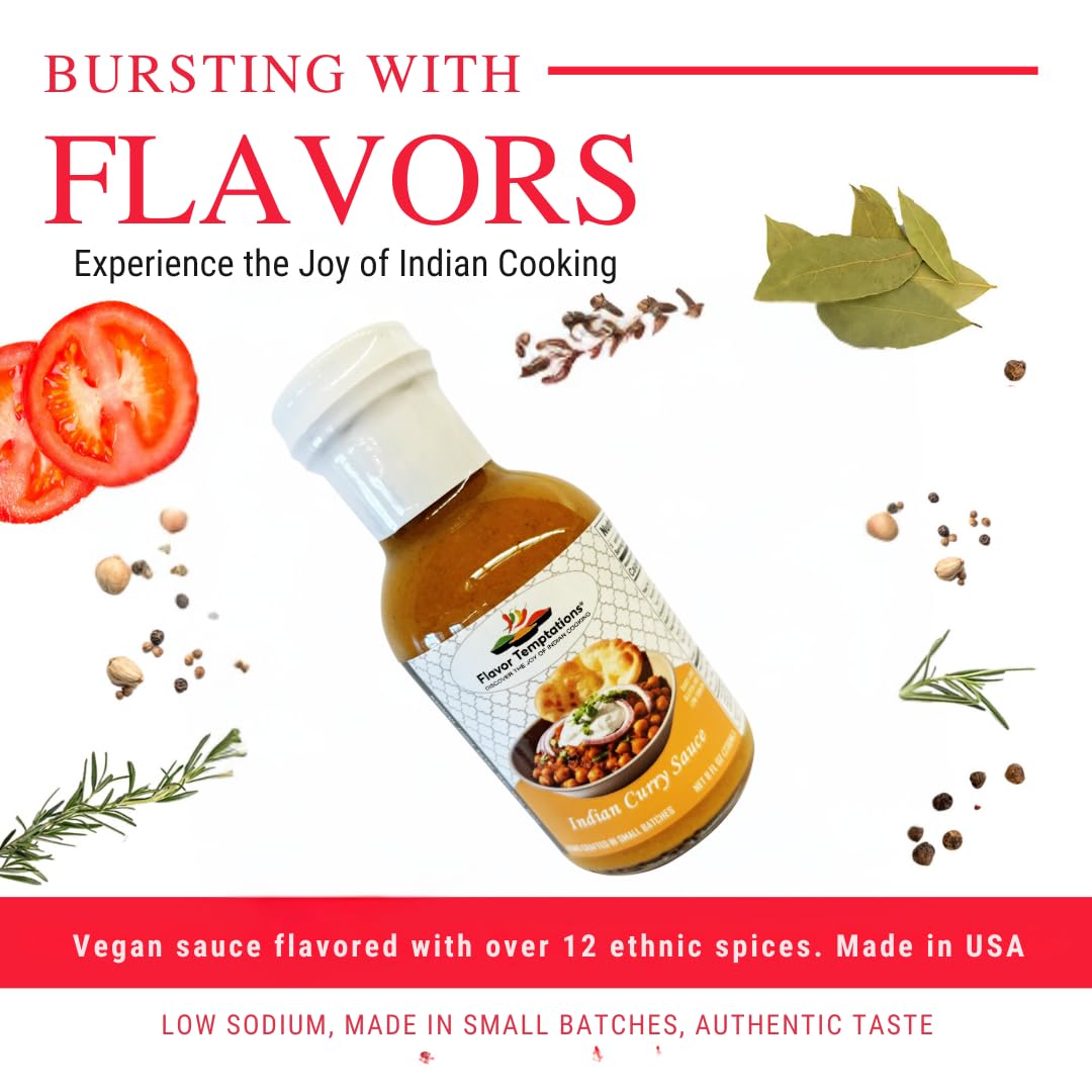 Indian Curry Simmer Sauce By Flavor Temptations | Organic Spices, Vegan, Gluten-Free, Low Sodium (8 Fl Oz Glass Bottle)