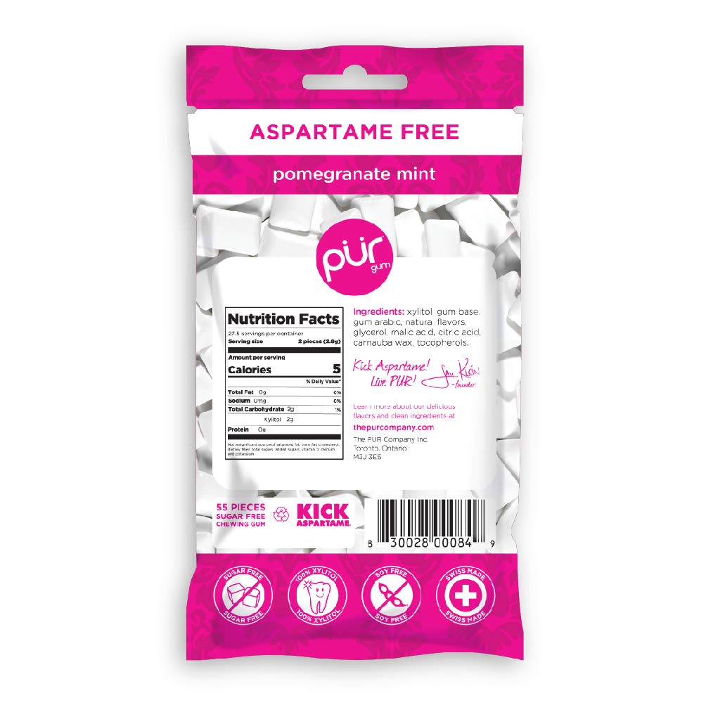 Pur 100% Xylitol Chewing Gum, Sugarless Pomegranate Mint, Sugar Free + Aspartame Free + Gluten Free, Vegan & Keto Friendly - Low Carb, Simply Pure Natural Fruit Flavored Gum, 55 Pieces (Pack Of 6)