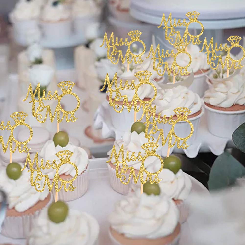 36Pcs Miss To Mrs Gold Cupcake Toppers Wedding Bridal Shower Engagement Party Decoration Picks