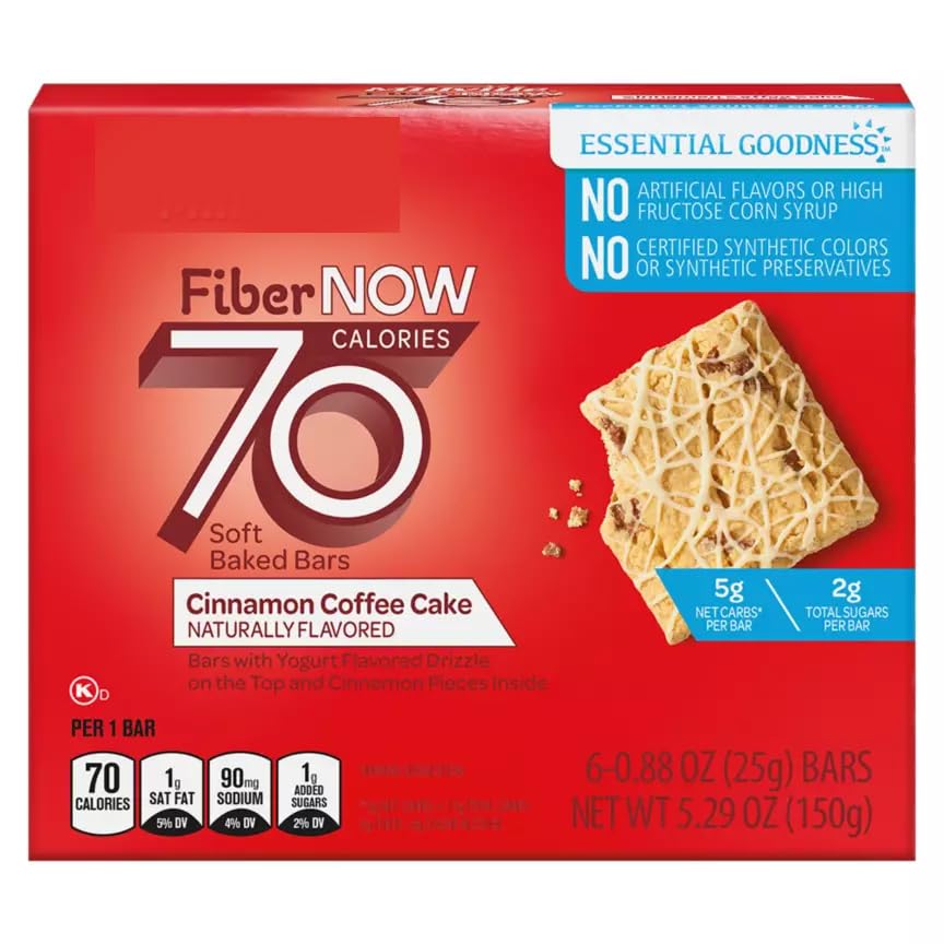 Fiber Now 70 Calorie Cinnamon Coffee Cake Bars, 6 ct On the Go Low Carb (5g Net) Snack Snacking Food Treat, Millville 5.29oz Box