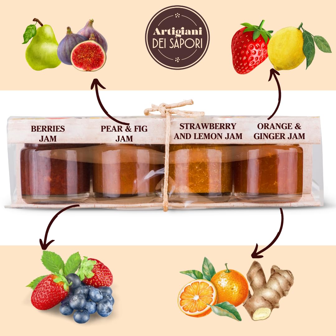ARTIGIANI DEI SAPORI - Mini Marmalade, Jam Sweet Spread Gifts 1.3 oz each, Mixed Berries Jam, Strawberry And Lemon Jam, Orange A