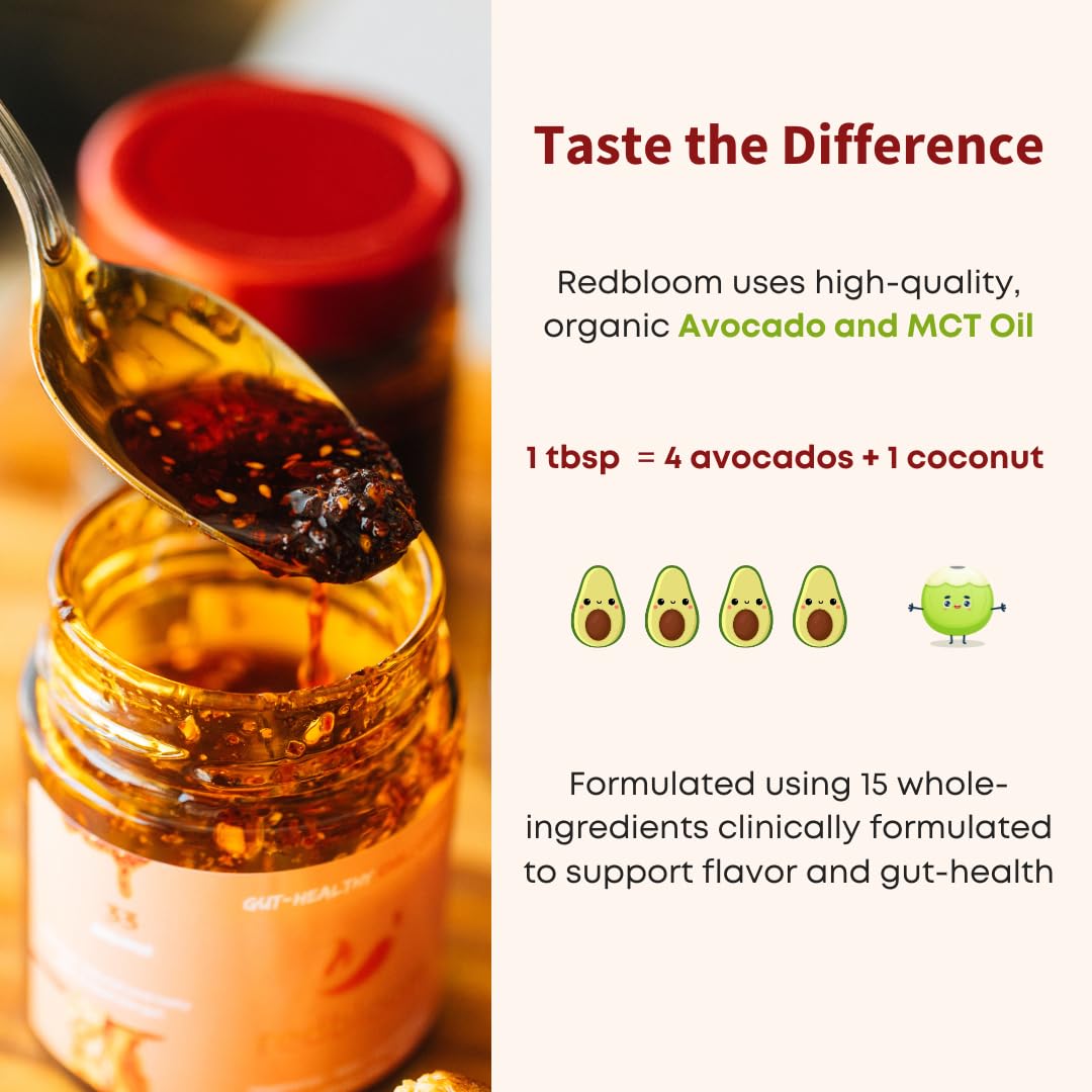 Redbloom Gut-Healthy Chili Crisp - Organic Chili Oil  No Seed Oils  Low-Fodmap  Vegan  Crunchy Hot Sauce  Good on Everything  6oz (Pack of 1) - Medium Aroma