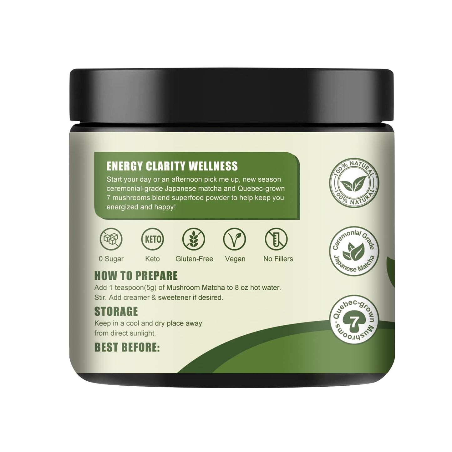 Grelim Mushroom Matcha, Japanese Ceremonial Matcha Infused With 7 Superfood Mushrooms, Mct Oil, Coconut Milk Powder, Great Tasti