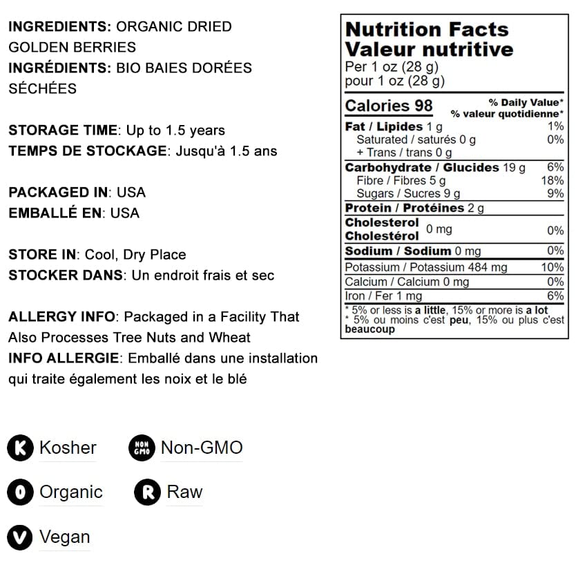Food To Live Organic Golden Berries, 8 Ounces Non-Gmo, Whole Dried Berries, Unwseetened, Sulfite-Free, Kosher, Vegan, Bulk. Rich In Vitamin A. Soft, Chewy Texture. Great For Baked Goods, Granola.