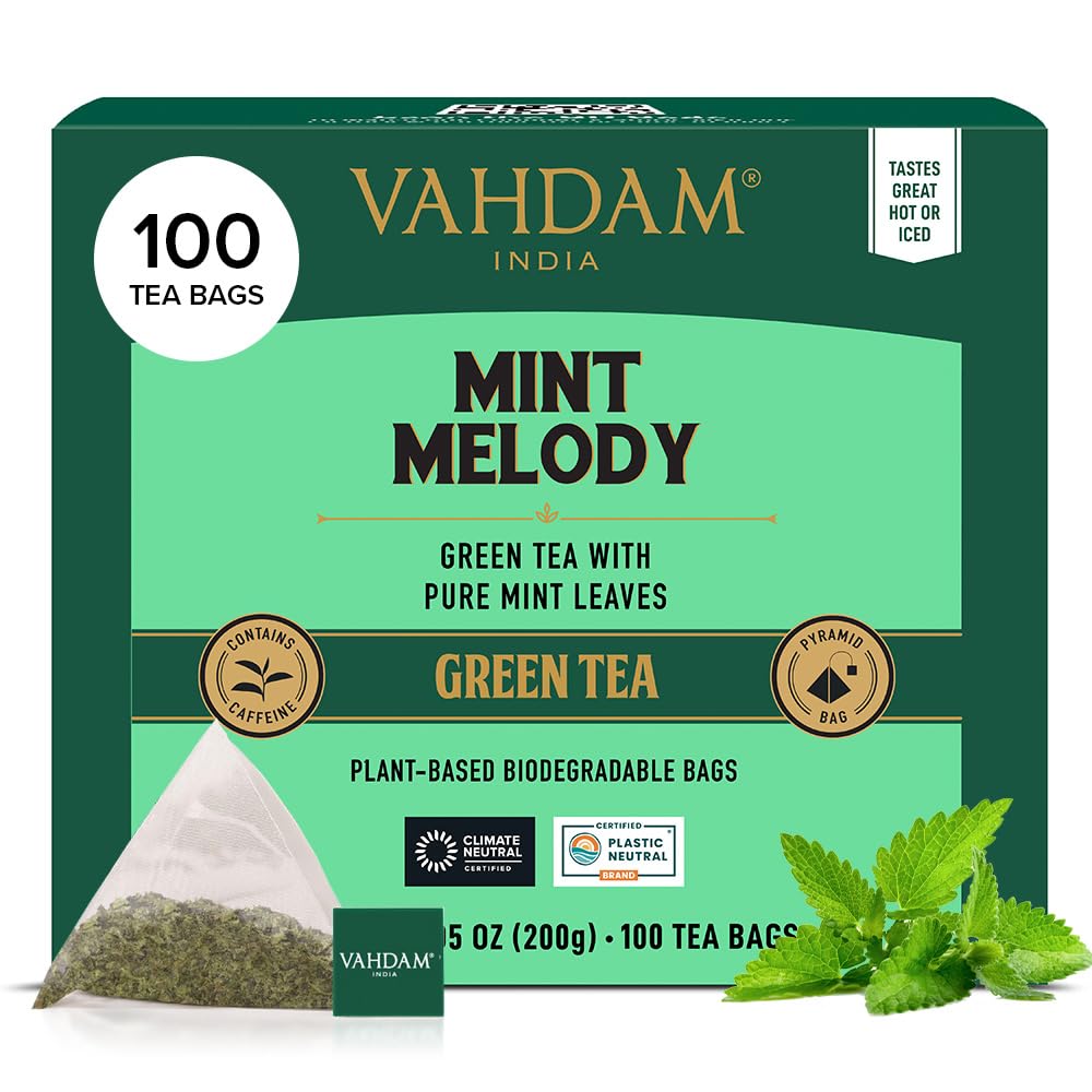 VAHDAM Mint Green Tea Bags - 100% Pure Leaf Tea, Low Caffeine, Non-GMO, Gluten Free, 100 Count