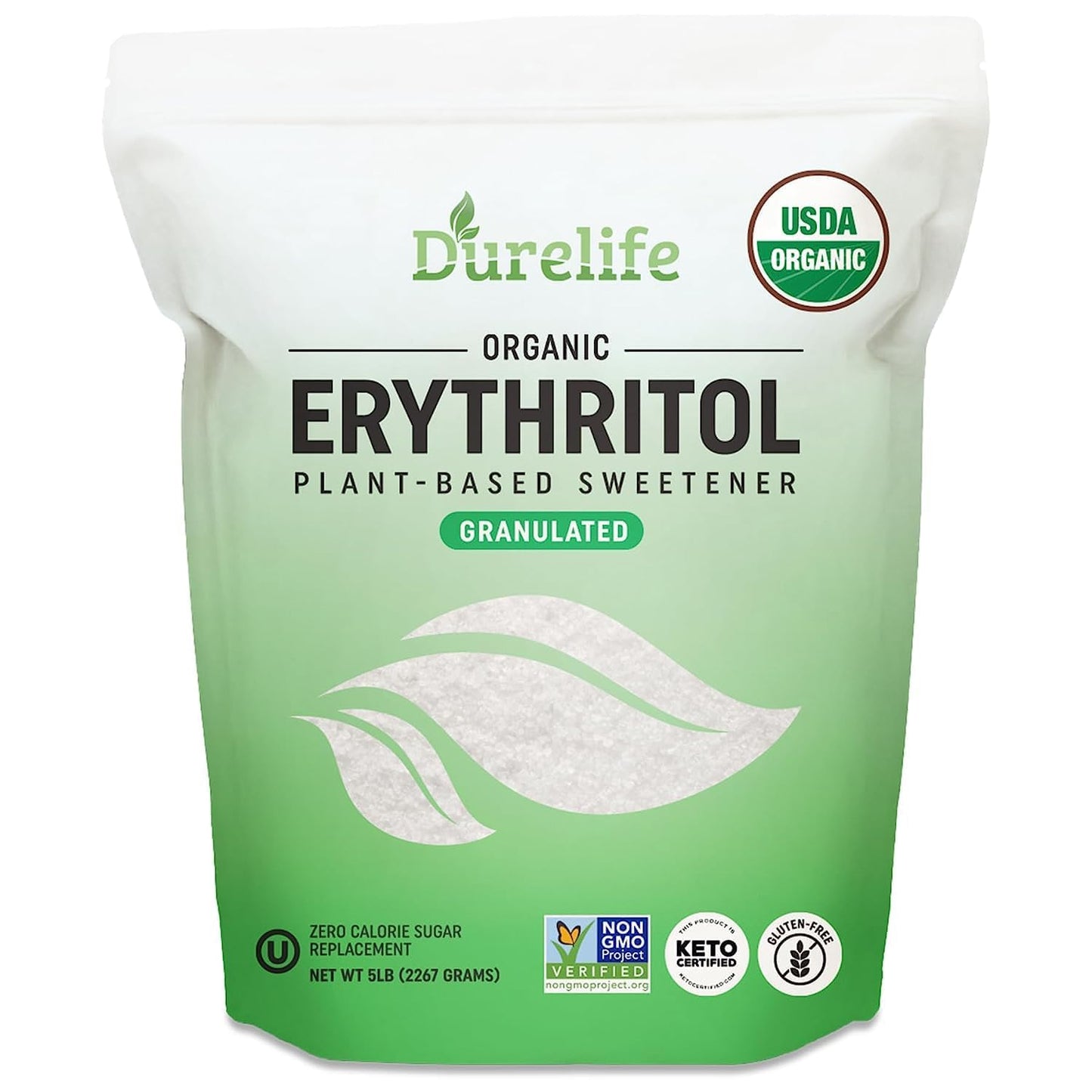 DureLife Erythritol Sweetener, Organic, Non-GMO, Keto Certified, Zero Calorie, 5 LB, Pack of 1