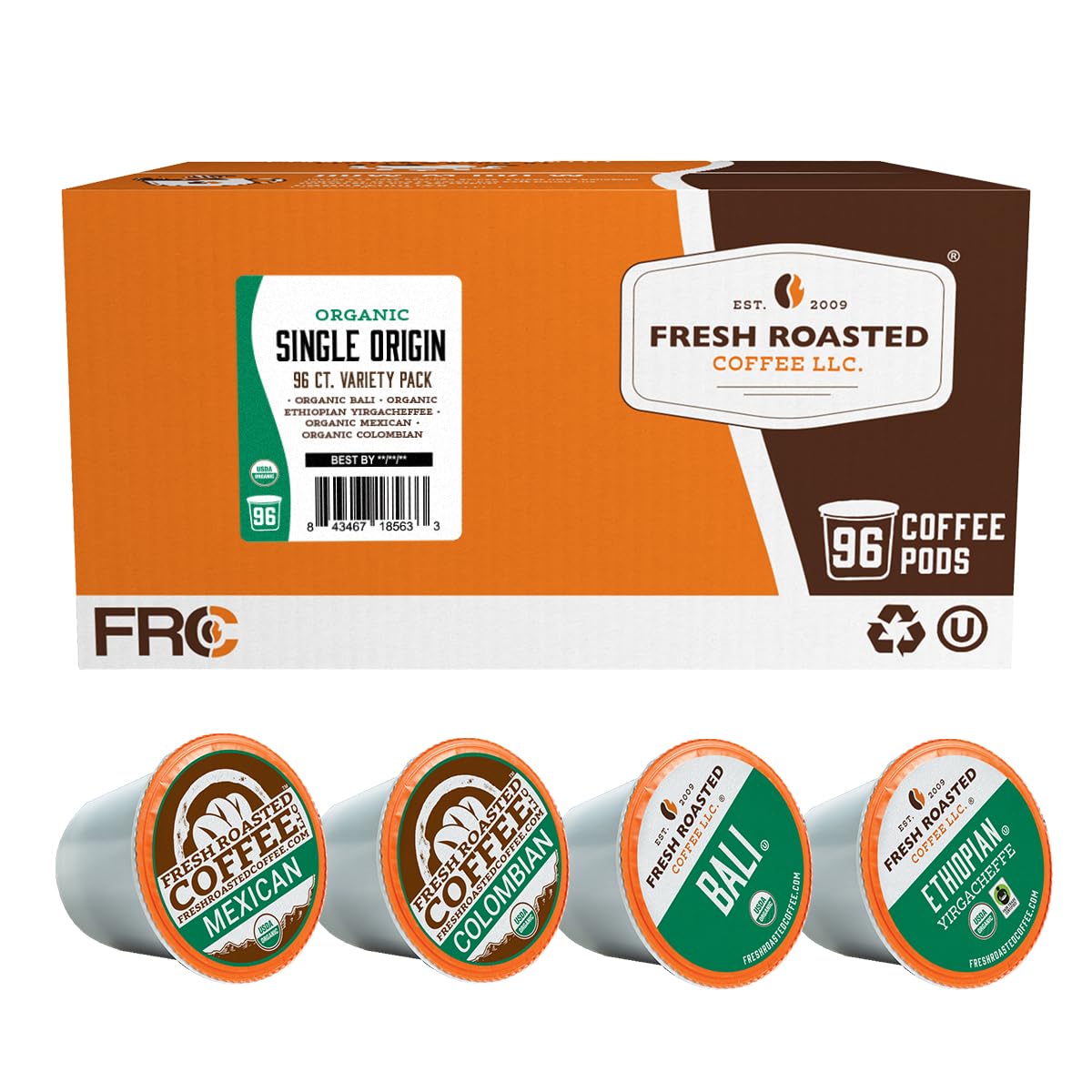 Fresh Roasted Coffee Organic Single-Origin Variety Pack, K-Cup Compatible, 96 Pods