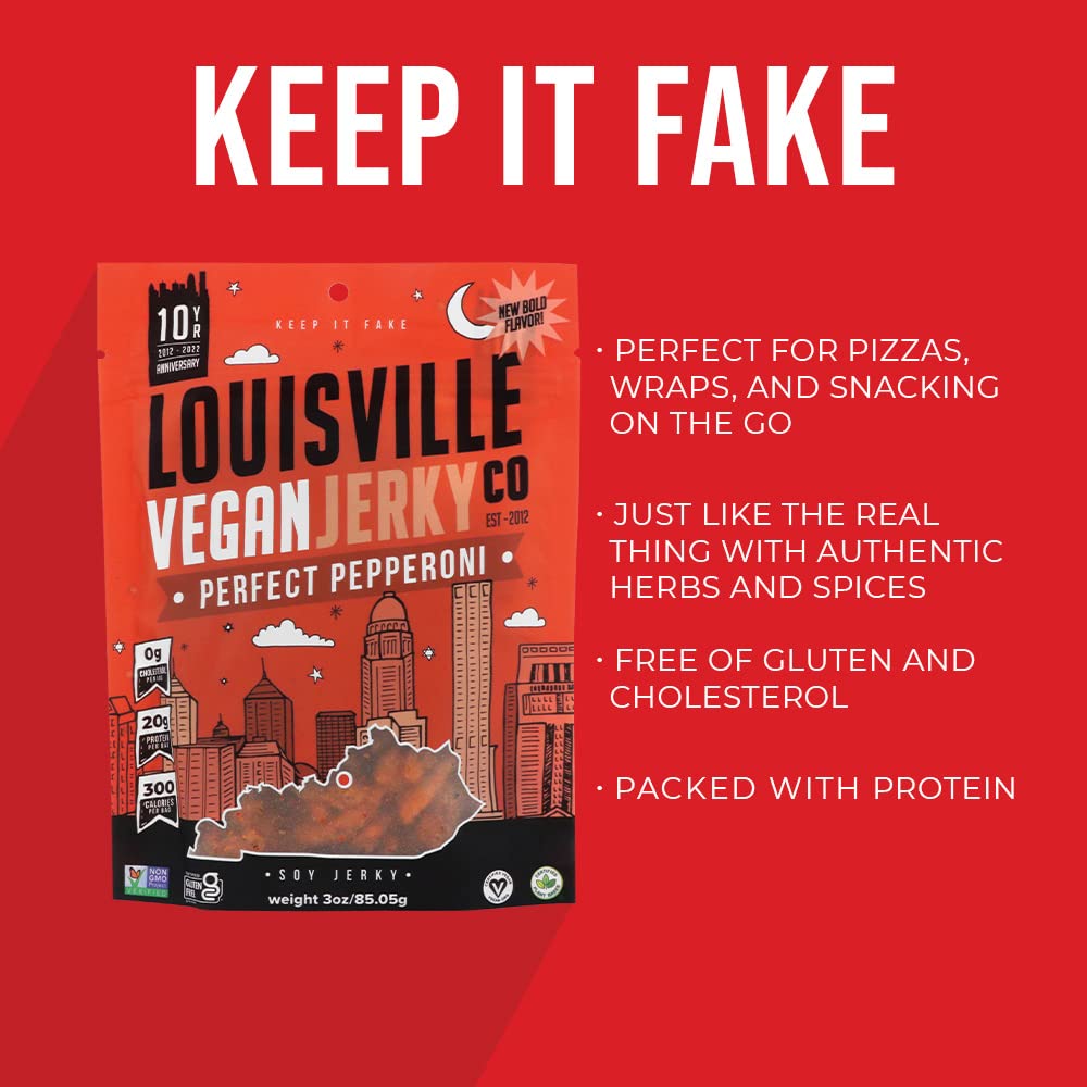Louisville Vegan Jerky Pepperoni Pizza - Gluten-Free High Protein Snack, 19g Non-GMO Soy Protein, 1 Count, Red