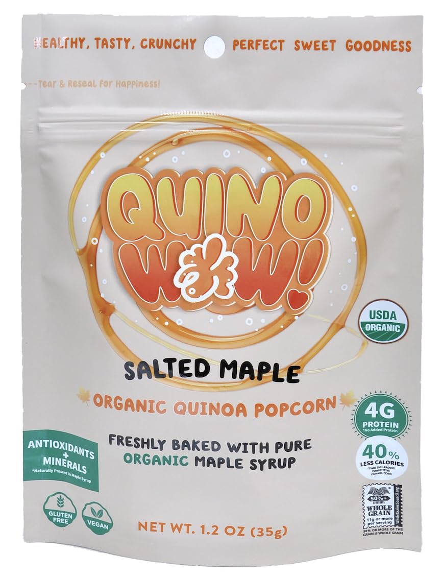 QuinoWow! Organic Quinoa Popcorn - Low Sugar, High Fiber, Air Popped, Vegan & Gluten Free - Made with Pure Organic Maple Syrup (