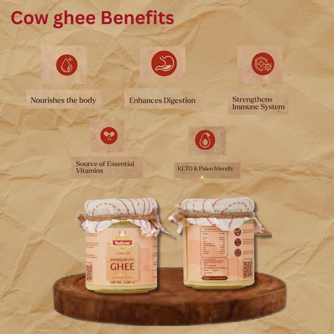 Indicow A2 Desi Cow Ghee, Clarified Butter 180ml | Grass Fed Cows | (180ml (6.08oz), A2 Kankrej Cow Ghee) | Keto and Paleo Frien
