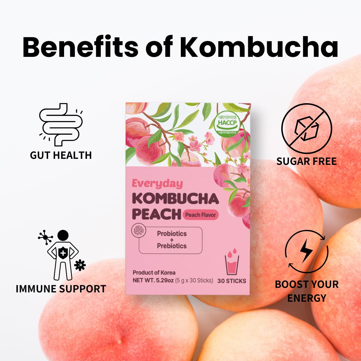 Unha's Everyday Kombucha Tea, Peach Powder, 5g x 30 Sachets, Probiotics & Prebiotics, Sugar-Free, Healthy Black Tea Drink