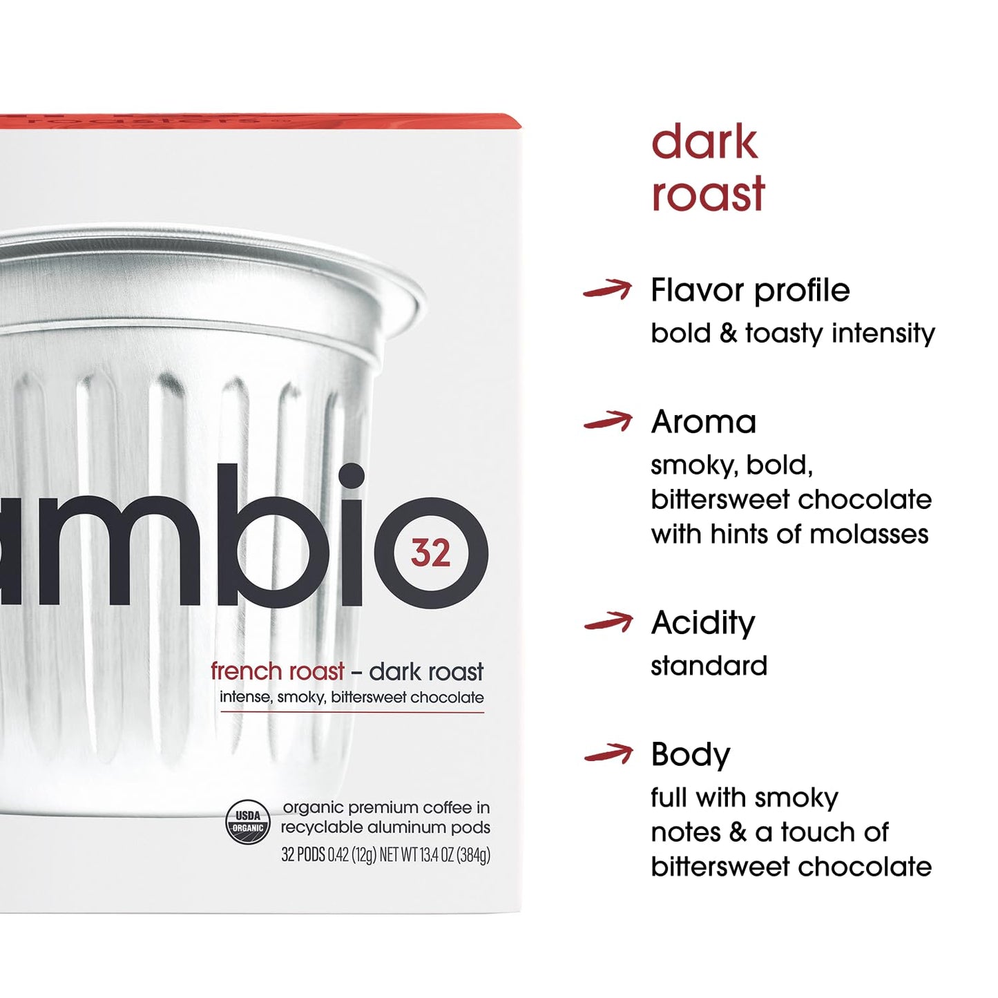Cambio Roasters French Roast Organic Keurig Kcups, Only Aluminum Kcup Keurig Coffee Pods For Better & Longer Lasting Flavor, Intense Dark Roast Coffee K Cups, Toasty With Smoky Aroma, 10 Count