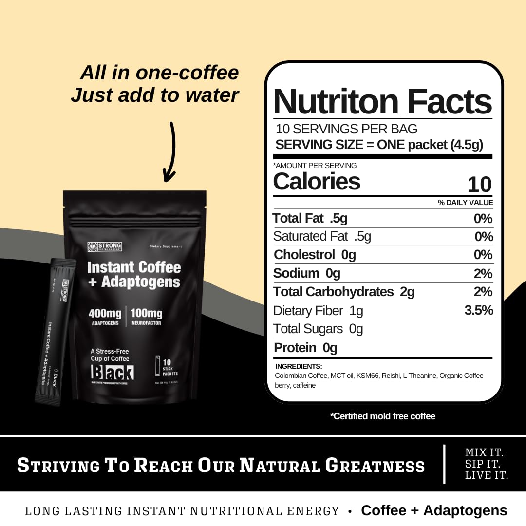 Strong Coffee Company, Organic Instant Black Coffee – Individual Servings, Extreme Focus, Adaptogen With L-Theanine & Ashwagandha, No Jitters, No Crash (10 Packets)