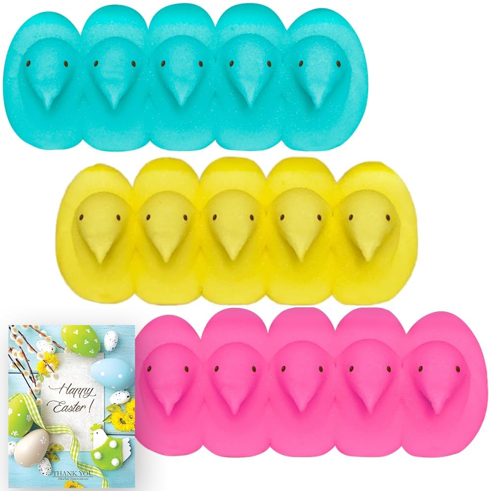 Generic Marshmallow Chicks Candy - Gluten-Free, 15 Total (5 Each in Yellow, Pink, Blue) - Perfect for Easter Egg Hunt and Party Favors