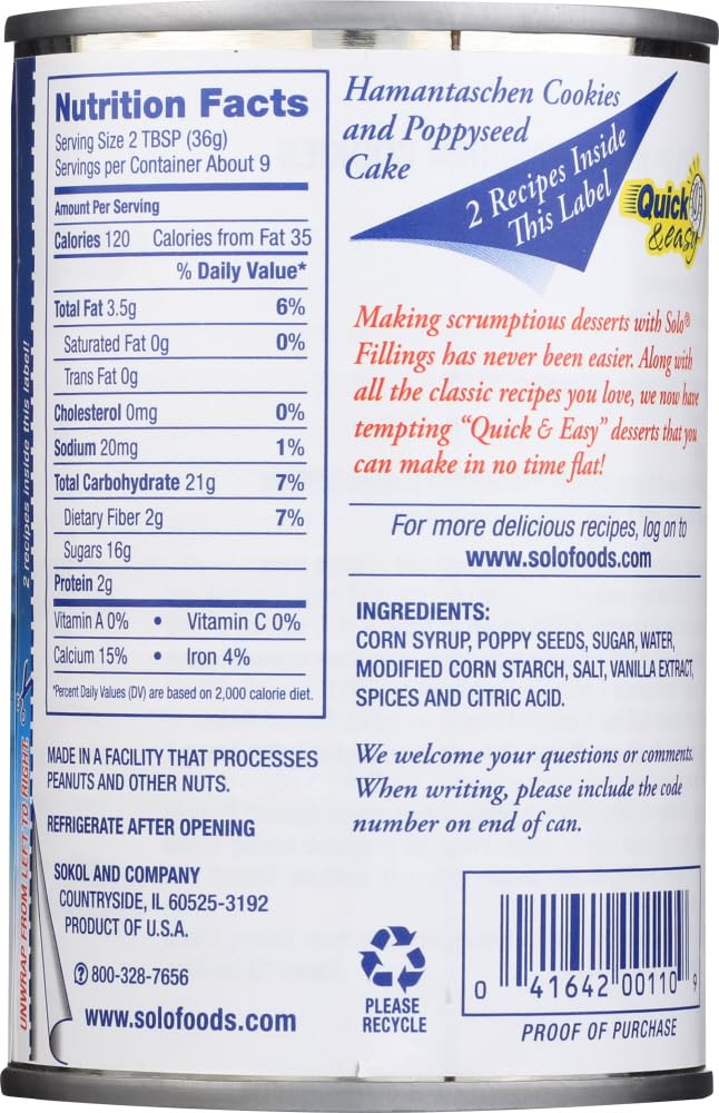 Solo Poppy Seed Cake & Pastry Filling (12.5 Oz ) Pack Of 4