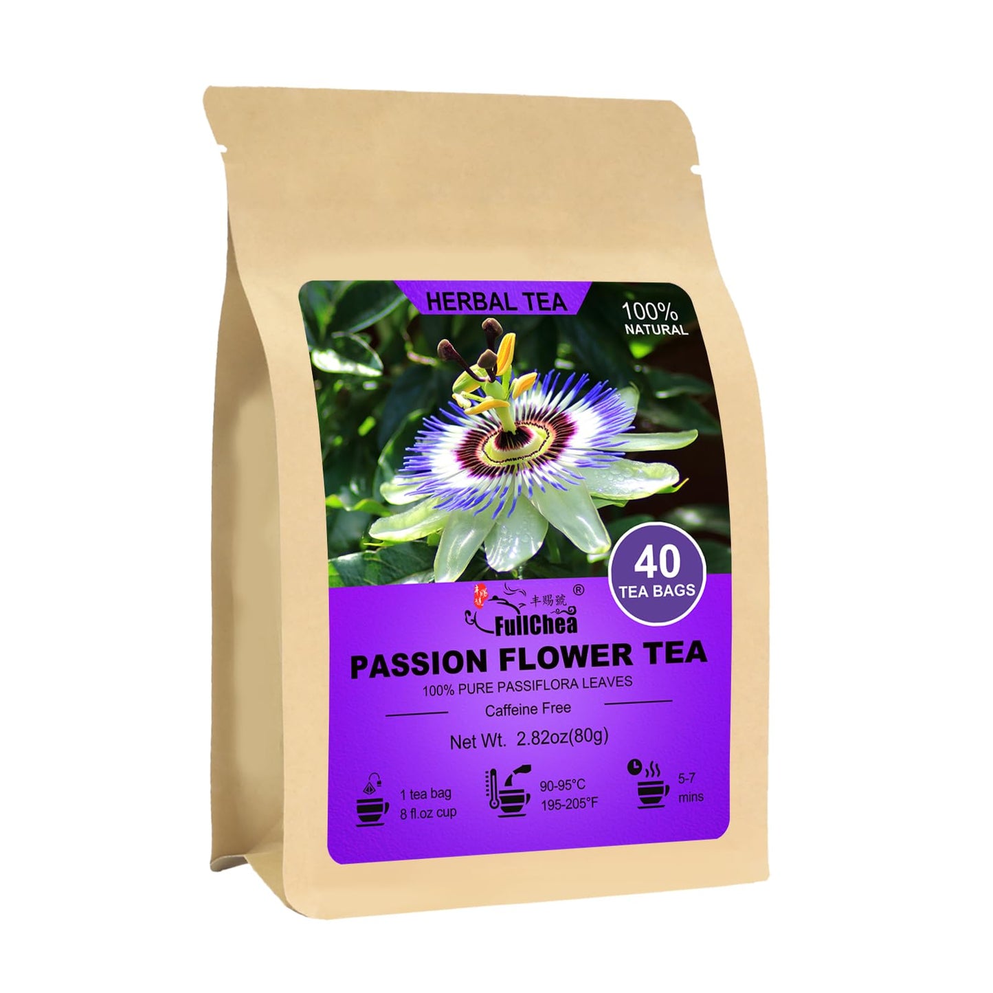 FullChea Passion Flower Tea Bags - Caffeine-Free Herbal Tea for Relaxation - 40 Count