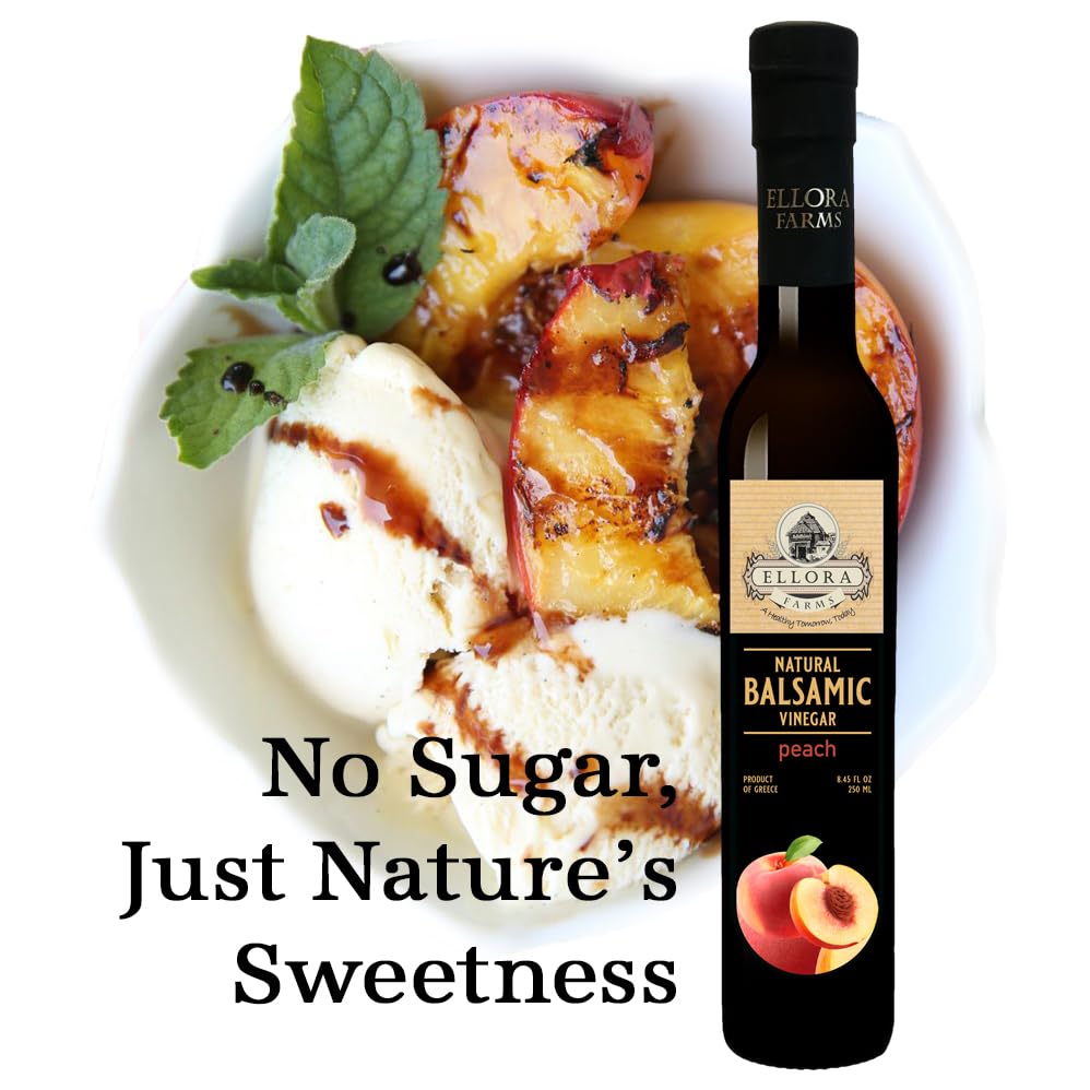Ellora Farms Peach Infused Greek Balsamic Vinegar, Thick & Creamy, 8.45 oz, No Added Sugars, No Preservatives, Pack of 1