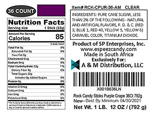 Espeez Extra Large Purple Rock Candy Sticks - 36 Count - G  Flavor - Individually Wrapped Party Favors